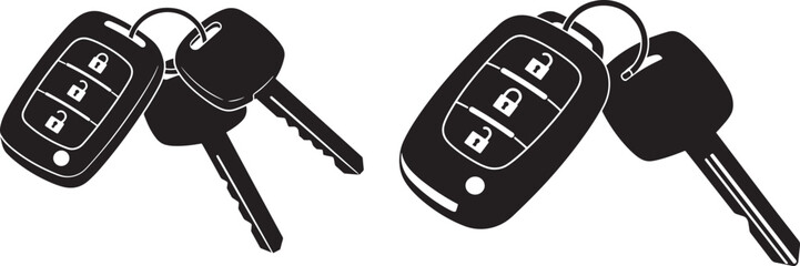 Two modern car keys with remote fobs silhouette