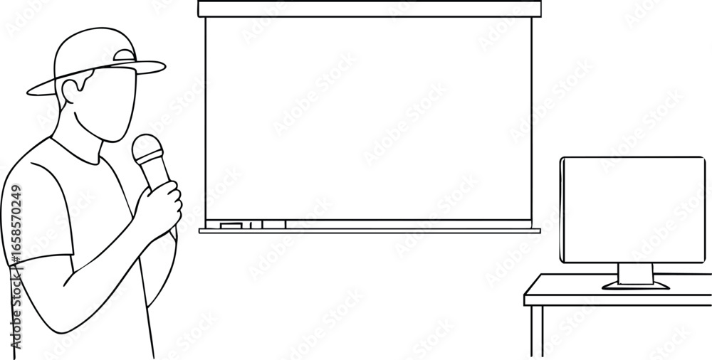 Poster man standing with microphone in front of projector screen and computer vector illustration