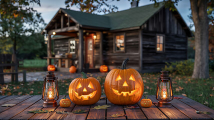 Fototapeta premium Halloween pumpkin jack o lantern with carved face and autumn decoration