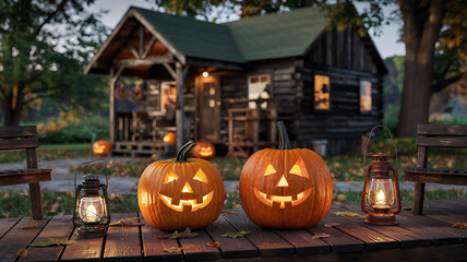 Halloween jack o lantern pumpkins on a fence and grave with carved faces and autumn decorations
