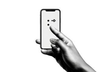 Hand holding a smartphone with two dots and an arrow on the screen.  Finger is touching the screen