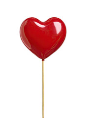 A vibrant red heart-shaped lollipop, glossy and smooth, sits atop a light-brown wooden stick against a black background