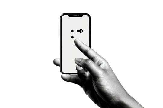 Hand holding a smartphone with two dots and an arrow on the screen.  Finger is touching the screen