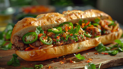 Vietnamese banh mi with pickled vegetables, pate, and jalape?+/-os on a crusty baguette, served from a sidewalk stand.