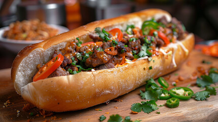 Vietnamese banh mi with pickled vegetables, pate, and jalape?+/-os on a crusty baguette, served from a sidewalk stand.