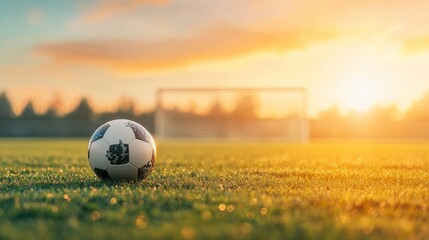 Soccer ball on the field at sunset outdoor sports scene vibrant grass environment dynamic viewpoint game anticipation