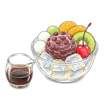 Anmitsu with various fruits and red bean paste watercolor illustration.
