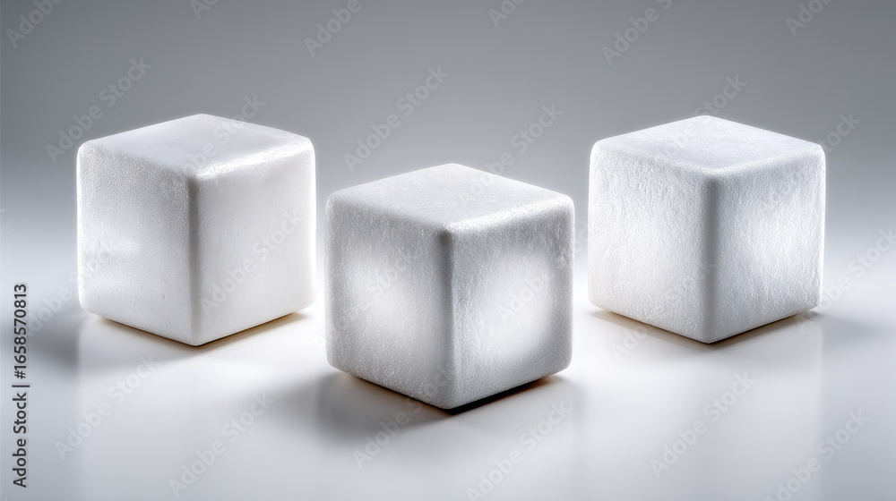 Poster three soft, white, fuzzy cubes arranged symmetrically on a reflective surface