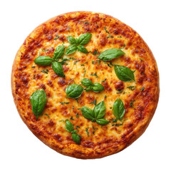 Round pizza topped with melted cheese and fresh basil