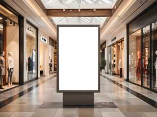 Modern shopping mall advertising billboard mockup with fashion store display, luxury retail banner promotion for new collection autumn winter.