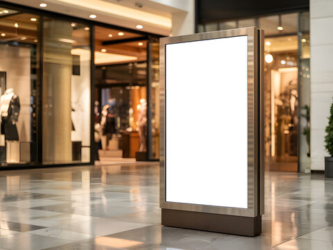 Blank vertical lightbox advertising display in luxury shopping mall interior for marketing and brand promotion mockup.