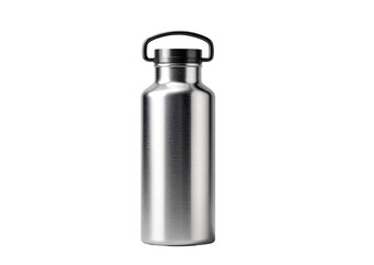 Stainless steel water bottle with black lid and handles