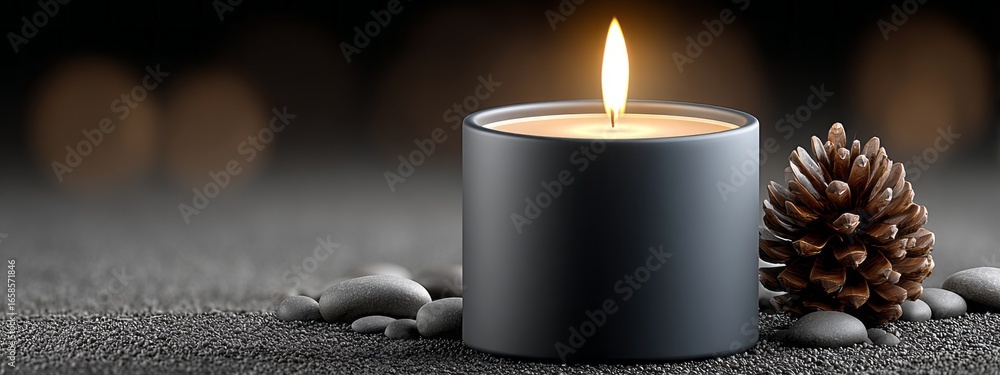 Poster elegant candlelight ambiance with pinecone and smooth stones creating a calming atmosphere