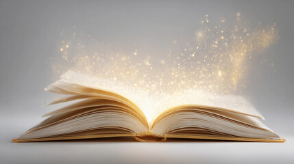 Book opening with gold light glowing