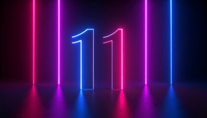 Neon number eleven on a dark background with vibrant lights