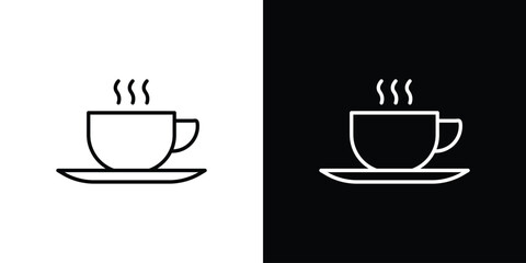 Coffee Cup Icon in Line Art with White and Black Backgrounds