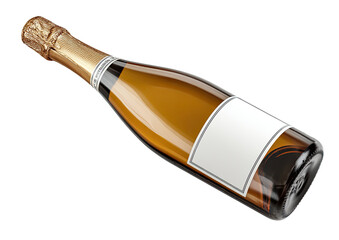 Champagne bottle, angled view,  gold cap, light amber glass, blank label