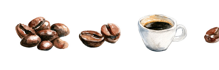 Obraz premium Hand-drawn coffee beans and a cup of espresso