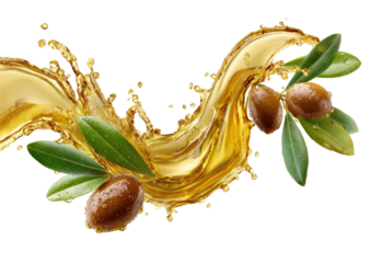 Olive oil splashes with olives and leaves
