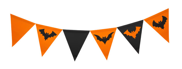 Black and orange party garland flag for Halloween PNG. Happy Halloween garland with spooky bats isolated. Orange and black spooky halloween party flags for Halloween celebrations png