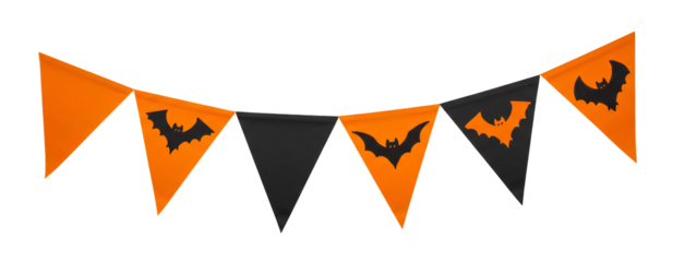 Black and orange party garland flag for Halloween PNG. Happy Halloween garland with spooky bats isolated. Orange and black spooky halloween party flags for Halloween celebrations png
