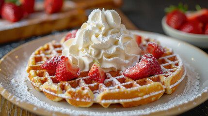 Waffle with crispy golden texture, topped with whipped cream and strawberries, powdered sugar dusted across plate.