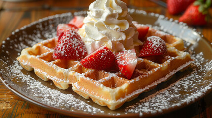 Waffle with crispy golden texture, topped with whipped cream and strawberries, powdered sugar dusted across plate.