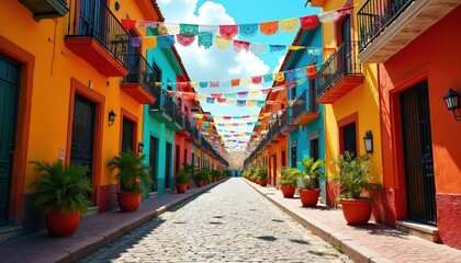 Fototapeta premium Vibrant Mexican street scene with colorful buildings adorned with traditional papel picado banners. Cobblestone alleyway evokes festive Cinco de Mayo celebration atmosphere. Buildings painted in