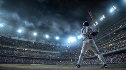 Baseball player preparing to swing at bat under dramatic stadium lights, wide view of crowd in background