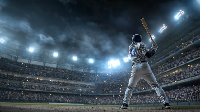 Baseball player preparing to swing at bat under dramatic stadium lights, wide view of crowd in background