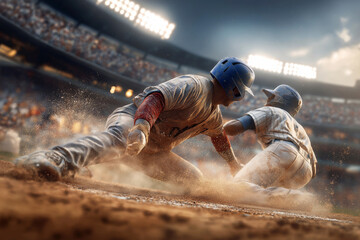 Professional baseball player sliding into home plate during a dramatic game moment, dust flying in the air, stadium lights shining.
