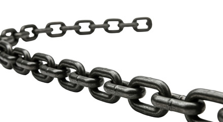 Heavy-duty, polished dark grey metal chain with interlocked links forming an S-curve, on a transparent background with copy space, high-key studio shot, concept of strength and reliability