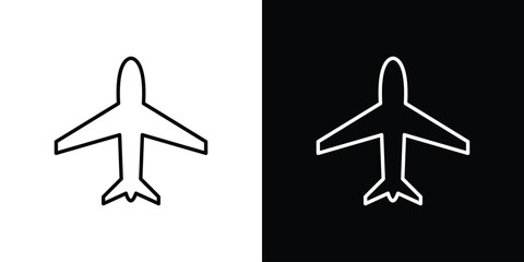 Airplane Icon in Line Art Style, Isolated on White and Black Backgrounds