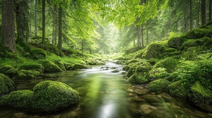 Obraz premium Spring Reveals Vibrant Greens Along a Tranquil Stream in a Serene Forest Setting