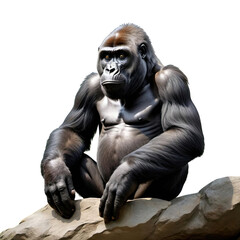 Gorilla sitting on a rock in a zoo exhibiting calm demeanor and curiosity during daylight hours