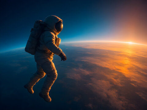 Astronaut Floating Above Earth at Sunrise