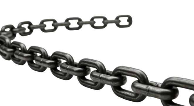 Heavy-duty, polished dark grey metal chain with interlocked links forming an S-curve, on a transparent background with copy space, high-key studio shot, concept of strength and reliability