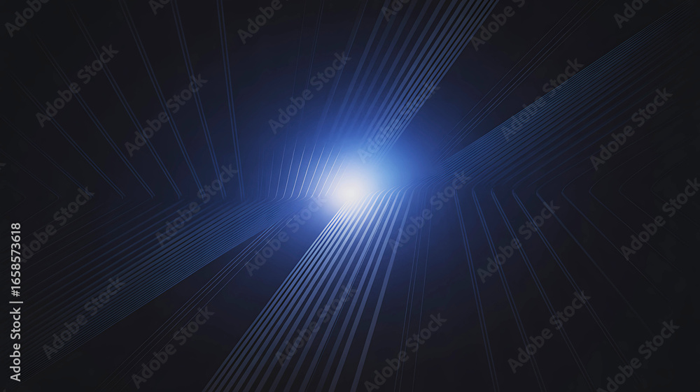 Poster conceptual technology design featuring a radiant blue core with structured light beams on a dark fut