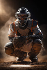Baseball catcher in full gear crouching behind home plate, focused pose, dramatic top lighting.