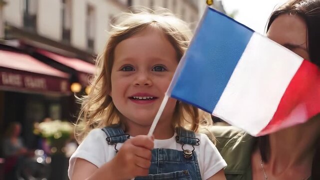 Smiling girl and woman, happy, waving a French flag, on a street in Paris.
