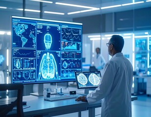 Medical professional reviewing scans in a modern lab