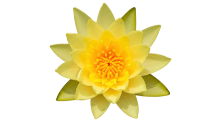 A beautiful and perfect bright yellow water lily or lotus flower is shown from above against a clean background symbolizing purity and enlightenment