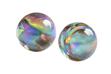 Two iridescent spheres, translucent and colorful, with swirling patterns