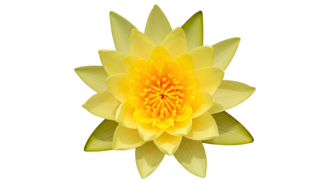 A beautiful and perfect bright yellow water lily or lotus flower is shown from above against a clean background symbolizing purity and enlightenment