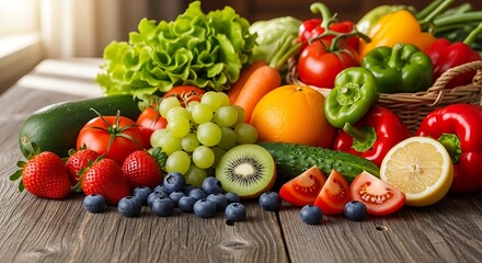 Vibrant display of fresh fruits and vegetables promises healthy eating and delicious recipes for a balanced diet, appealing to mindful consumers