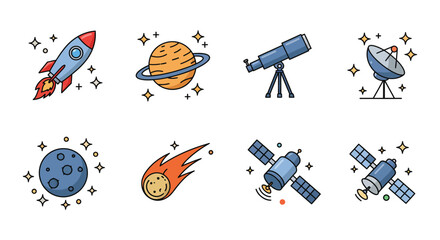 Colorful cartoon illustrations of space objects and vehicles in orbit around stars © MALA