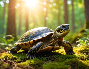 Obraz premium Turtle in a sunlit forest