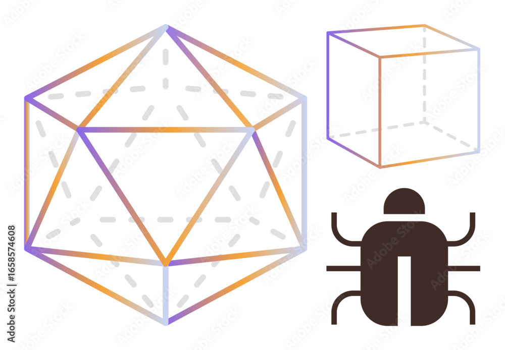 Poster icosahedron and cube with gradient outlines alongside a bug icon. ideal for technology, coding, data