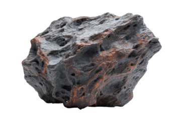 Rough, dark-grey, and copper-hued rock.  Complex, pitted surface