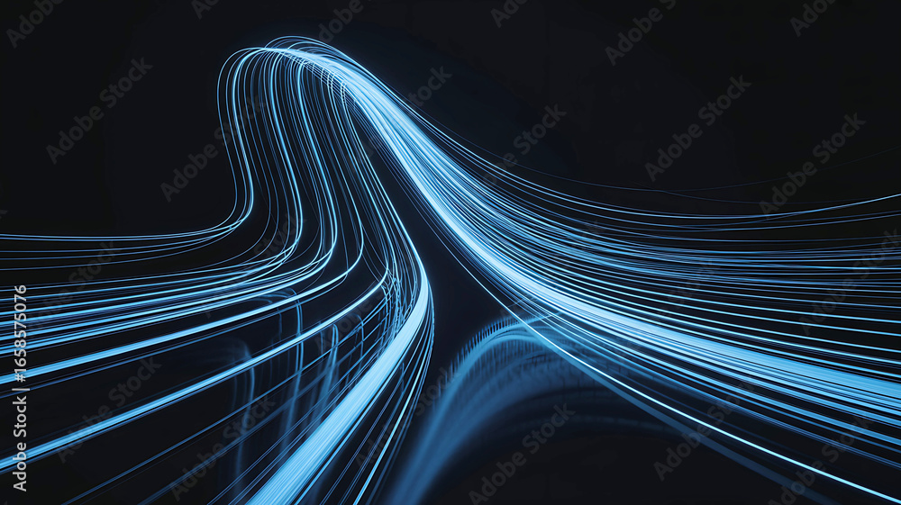 Poster dynamic blue light streaks creating an abstract wave of energy, symbolizing speed, innovation, and t